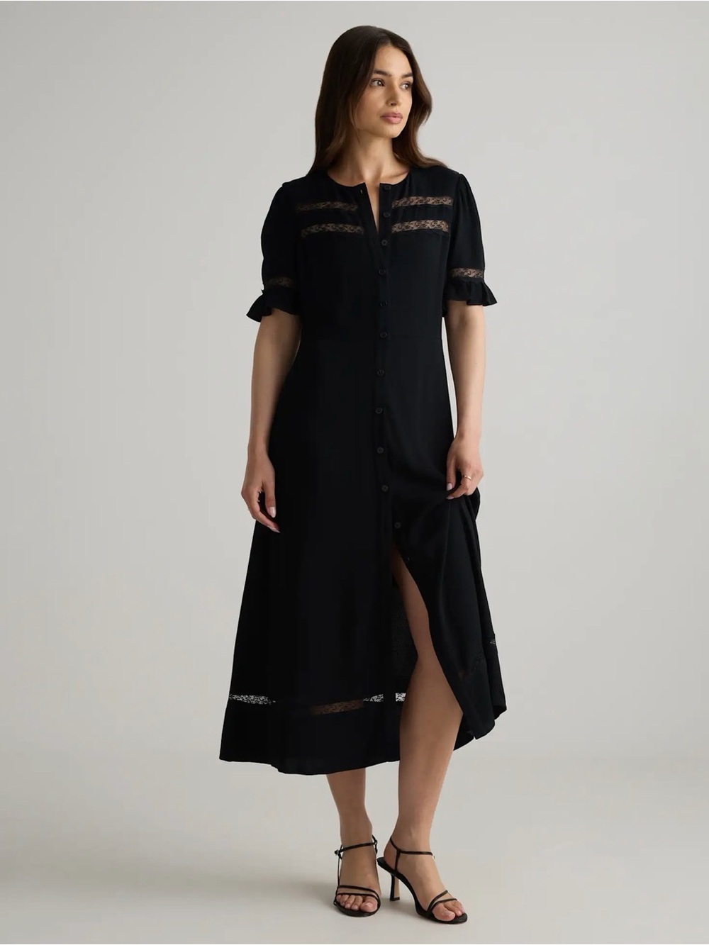 Quince Lightweight Crepe Lace Inset Midi Dress Black M NWT